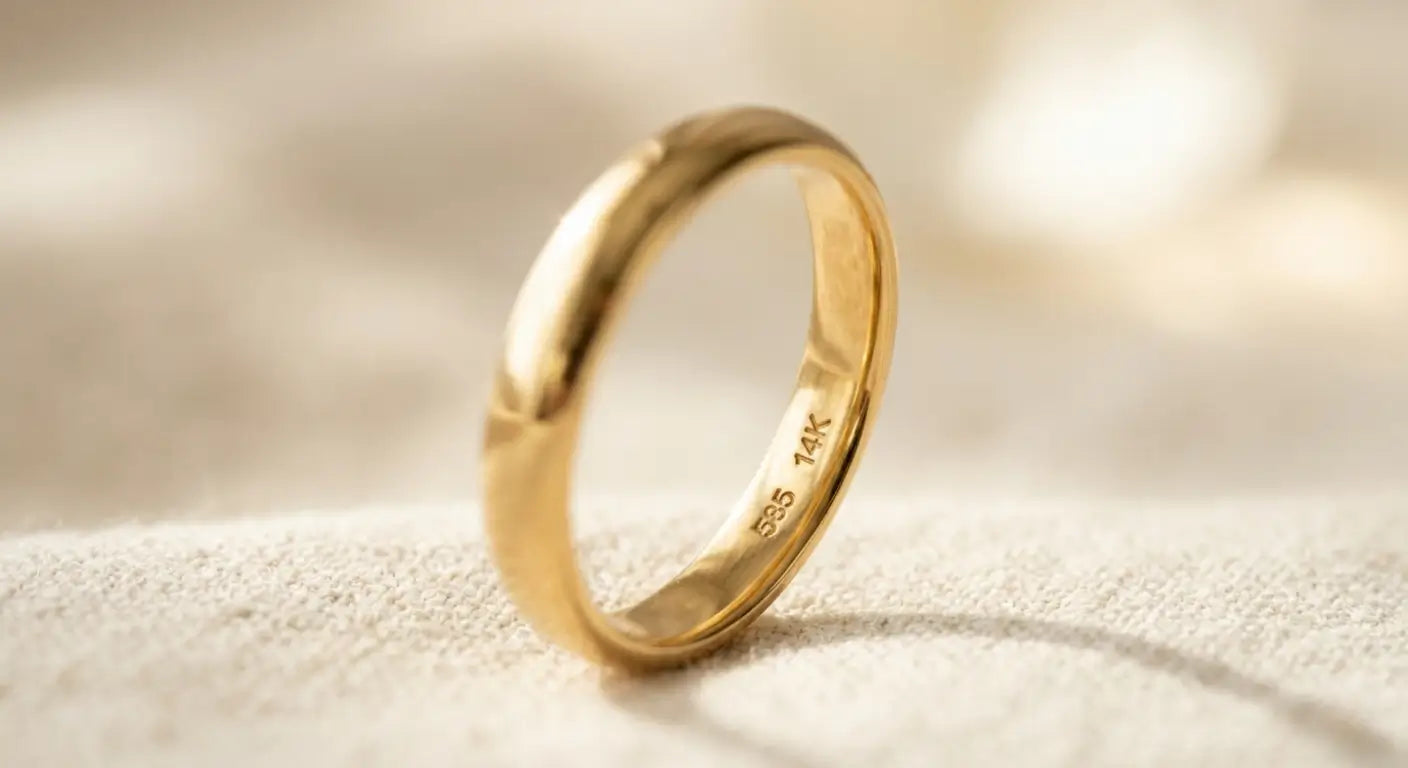 Macro close-up of purity stamps engraved inside a 14K gold ring band