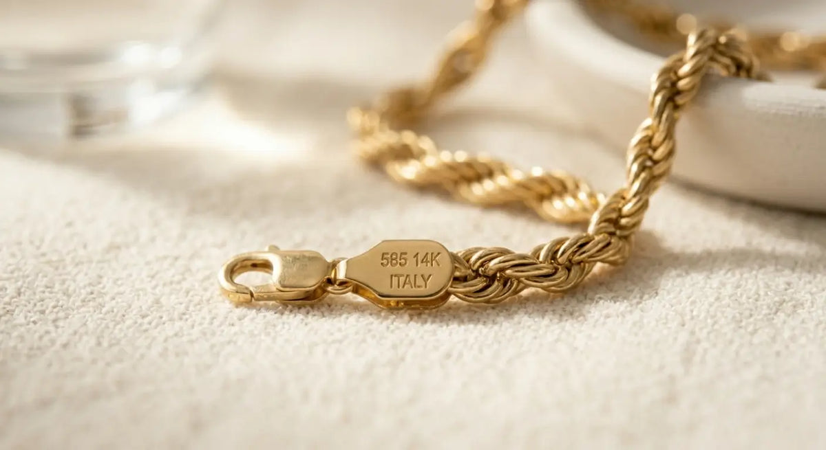 Close-up of a 14K Italy hallmark stamped on the clasp of a gold chain