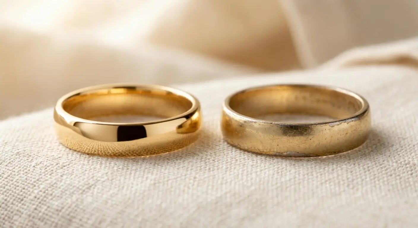 Two gold rings side by side comparing gold vermeil and solid 14K gold on cream background