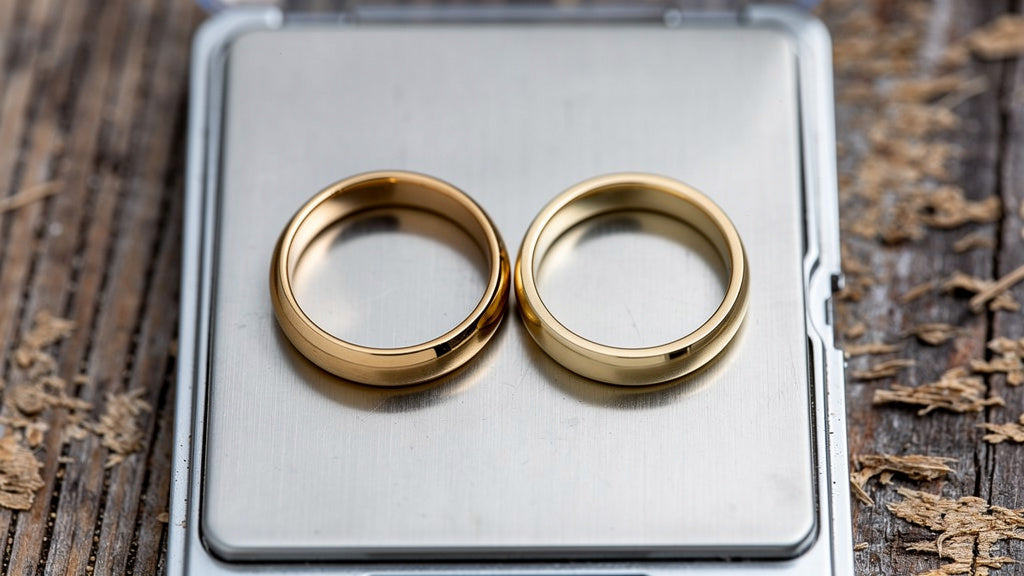 10k and 14k gold bands compared side by side on a jeweler's scale