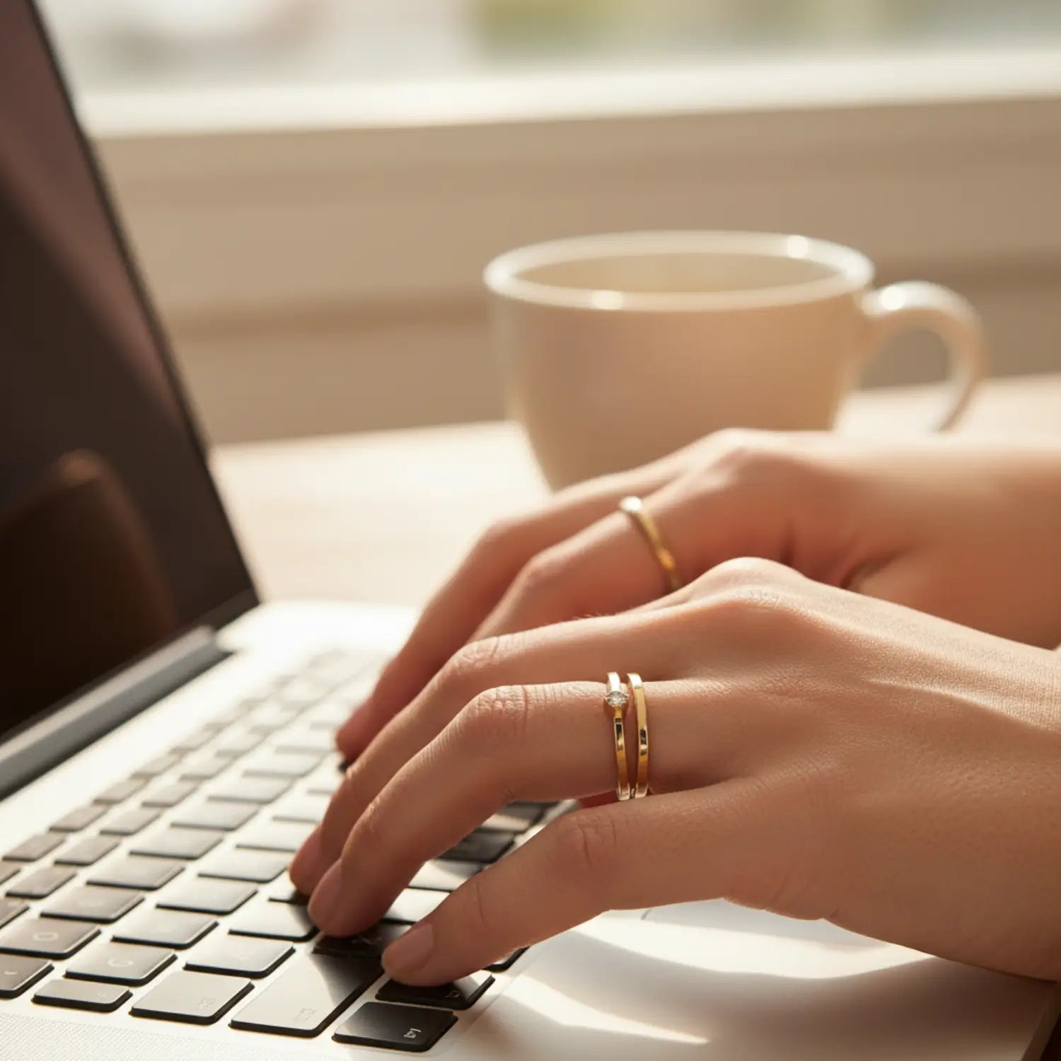 Woman wearing gold rings typing on laptop with coffee cup in background