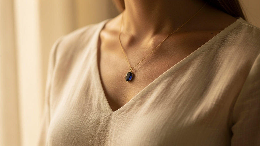 Gold necklace with a blue simulated stone, a popular way to wear the december birthstone