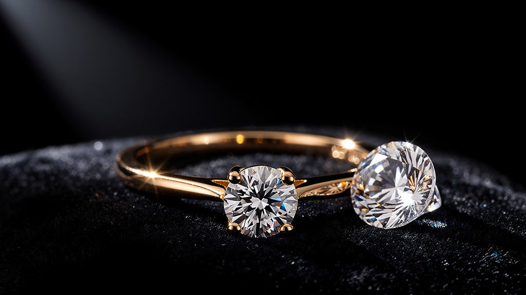 Cubic zirconia solitaire ring beside a loose round CZ stone