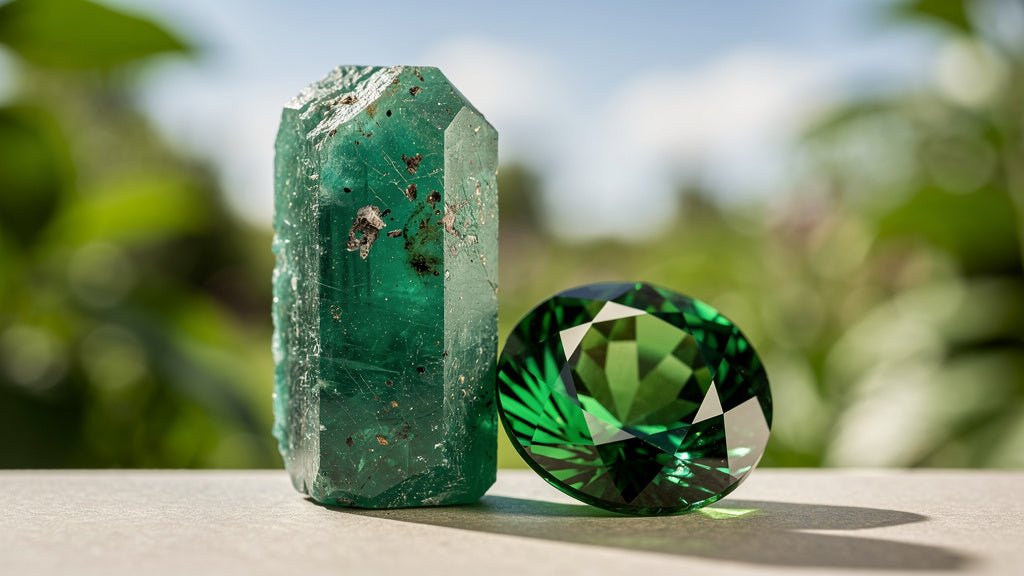 Raw emerald crystal beside a polished green cut gemstone