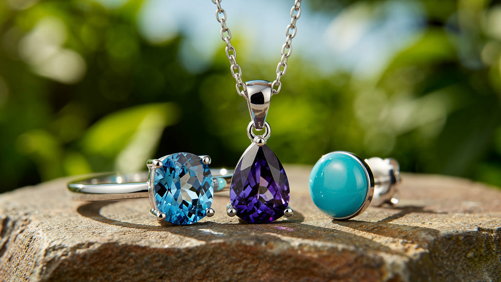 December birthstones: blue topaz ring, tanzanite pendant and turquoise stud in gold