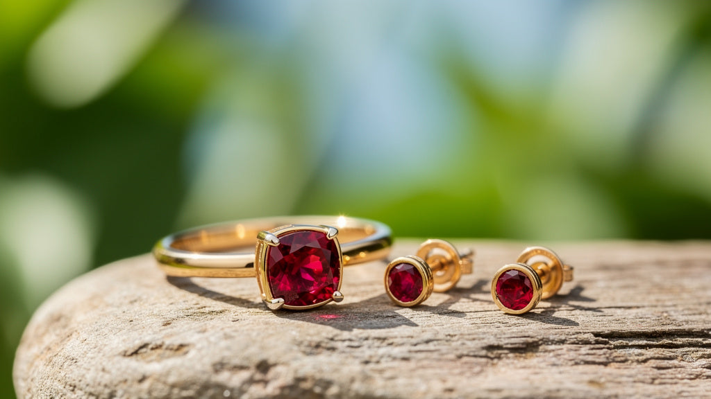 Gold ring and earrings set with red ruby gemstones