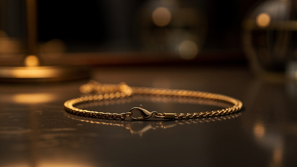 Gold necklace chain shortened by hooking the clasp onto a link further down