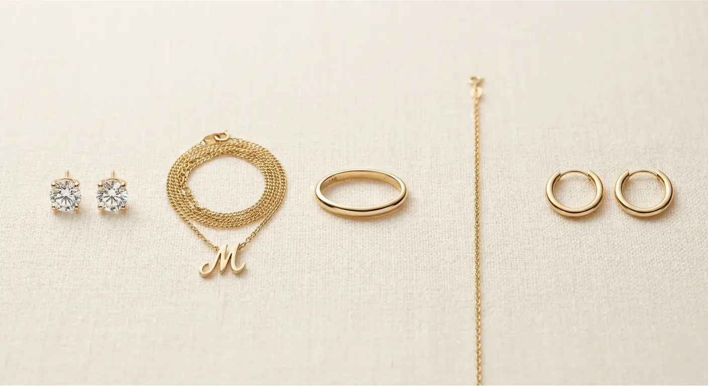 Five essential 14K gold jewelry pieces - studs, chain, ring, bracelet, hoop - on cream linen