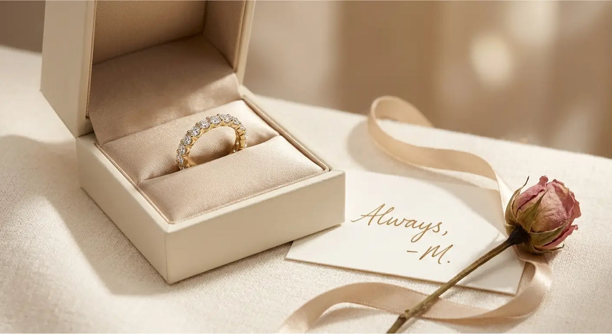 14K gold anniversary band nestled in elegant gift box on neutral background