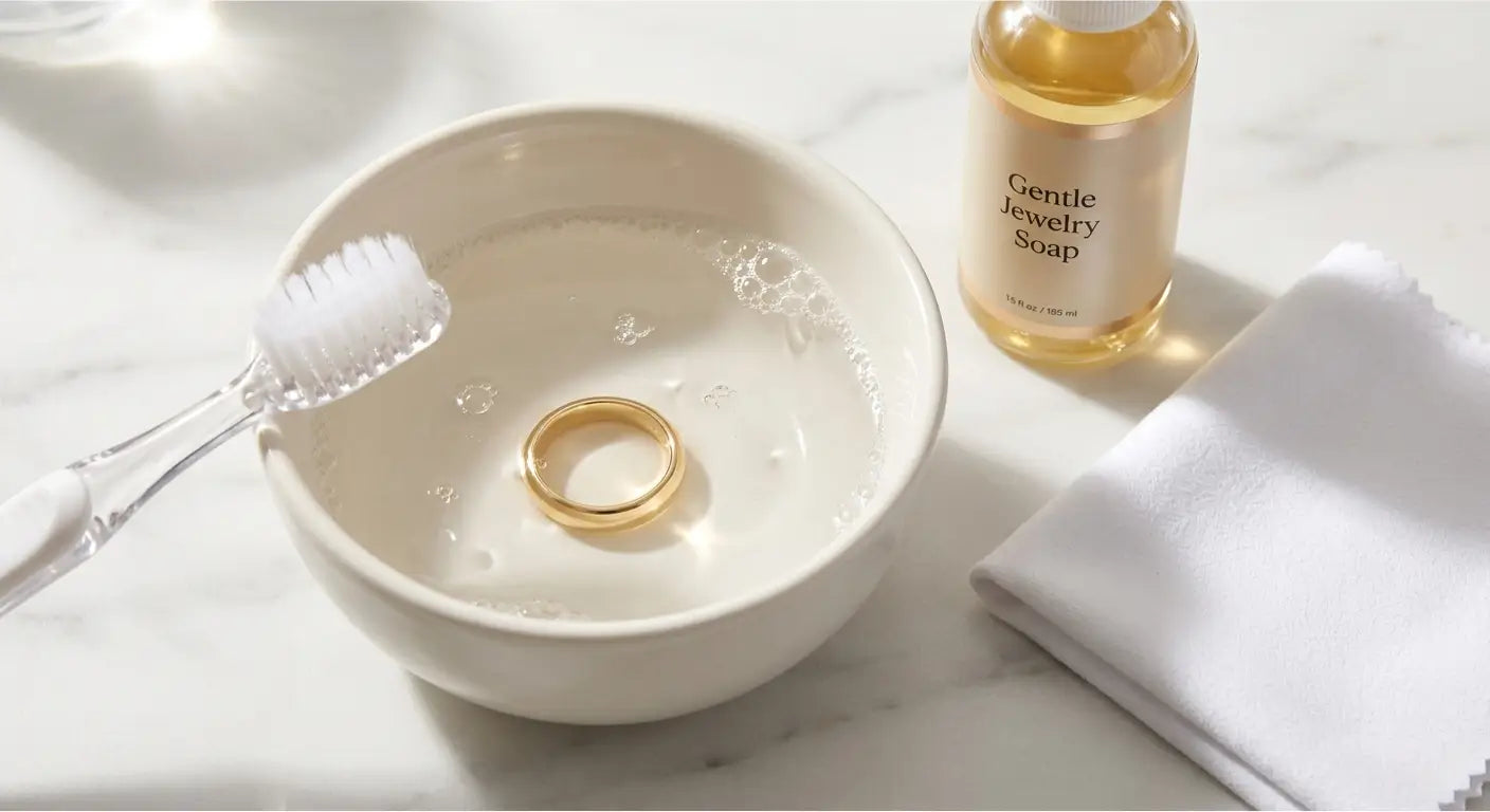 Soft toothbrush cleaning 14K gold ring in a small bowl of warm soapy water on marble surface