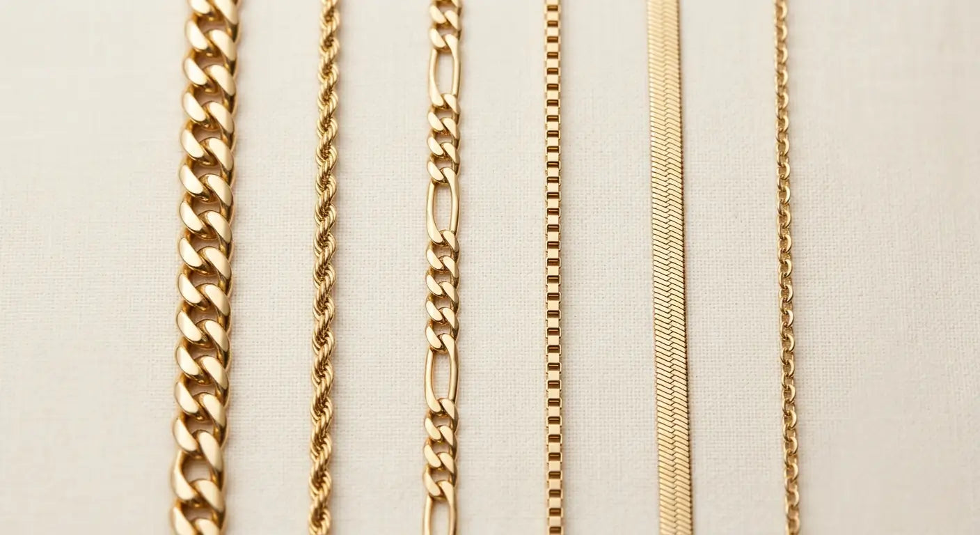 Six different 14K gold chain styles displayed side by side on white linen background