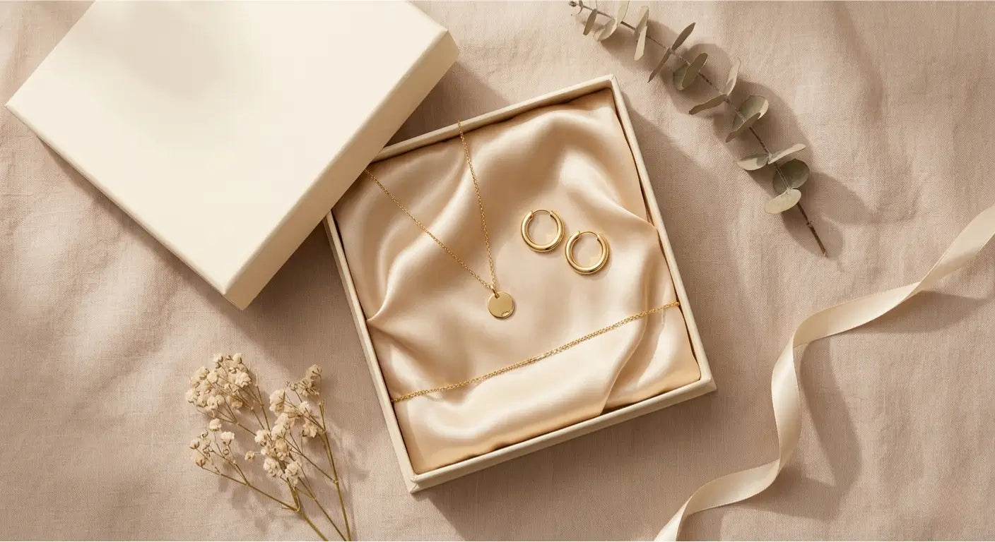 14K gold necklace, earrings, and bracelet displayed in elegant gift box on cream background