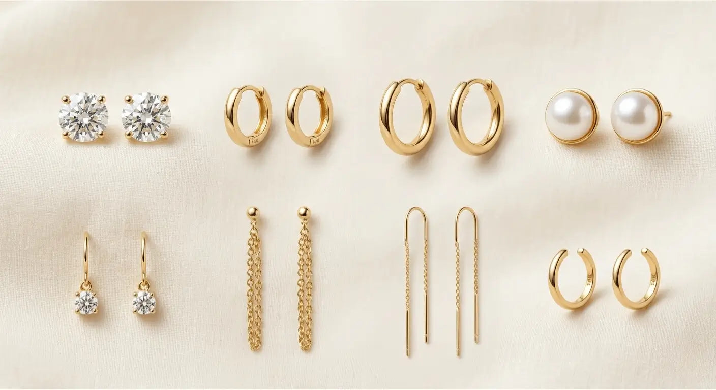 Six 14K gold earring styles displayed side by side - studs, hoops, huggies, drops on cream background