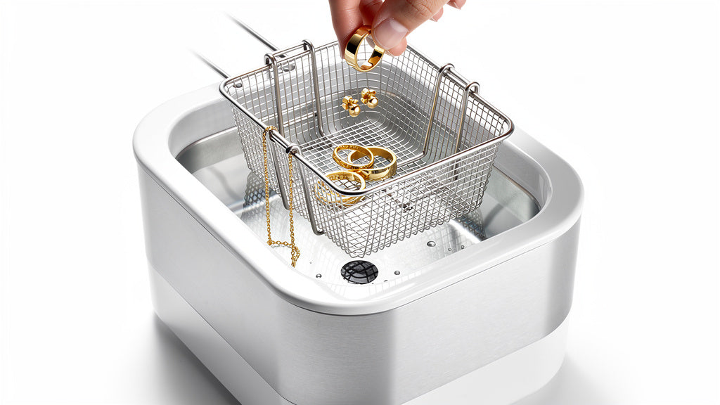 Ultrasonic jewelry cleaner tank cleaning gold rings and a chain