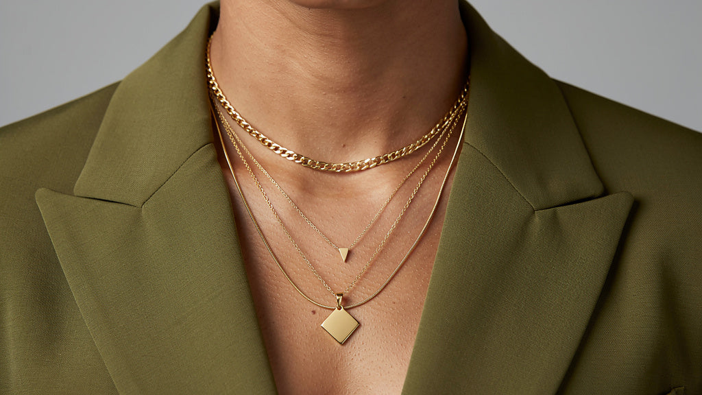 Gold necklace styles including a chain, pendant, and layered set