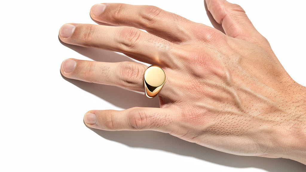 Man's hand wearing a gold signet ring on the middle finger