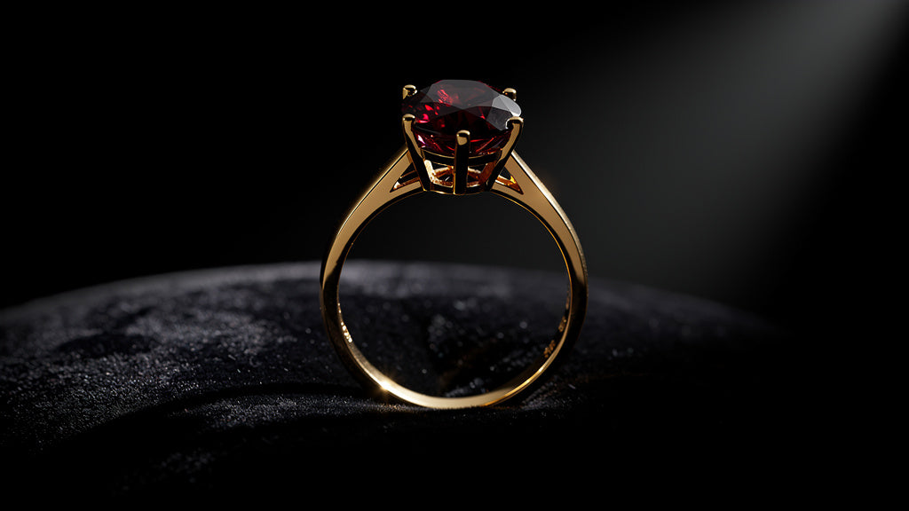Gold ring with a deep red January birthstone garnet-color stone