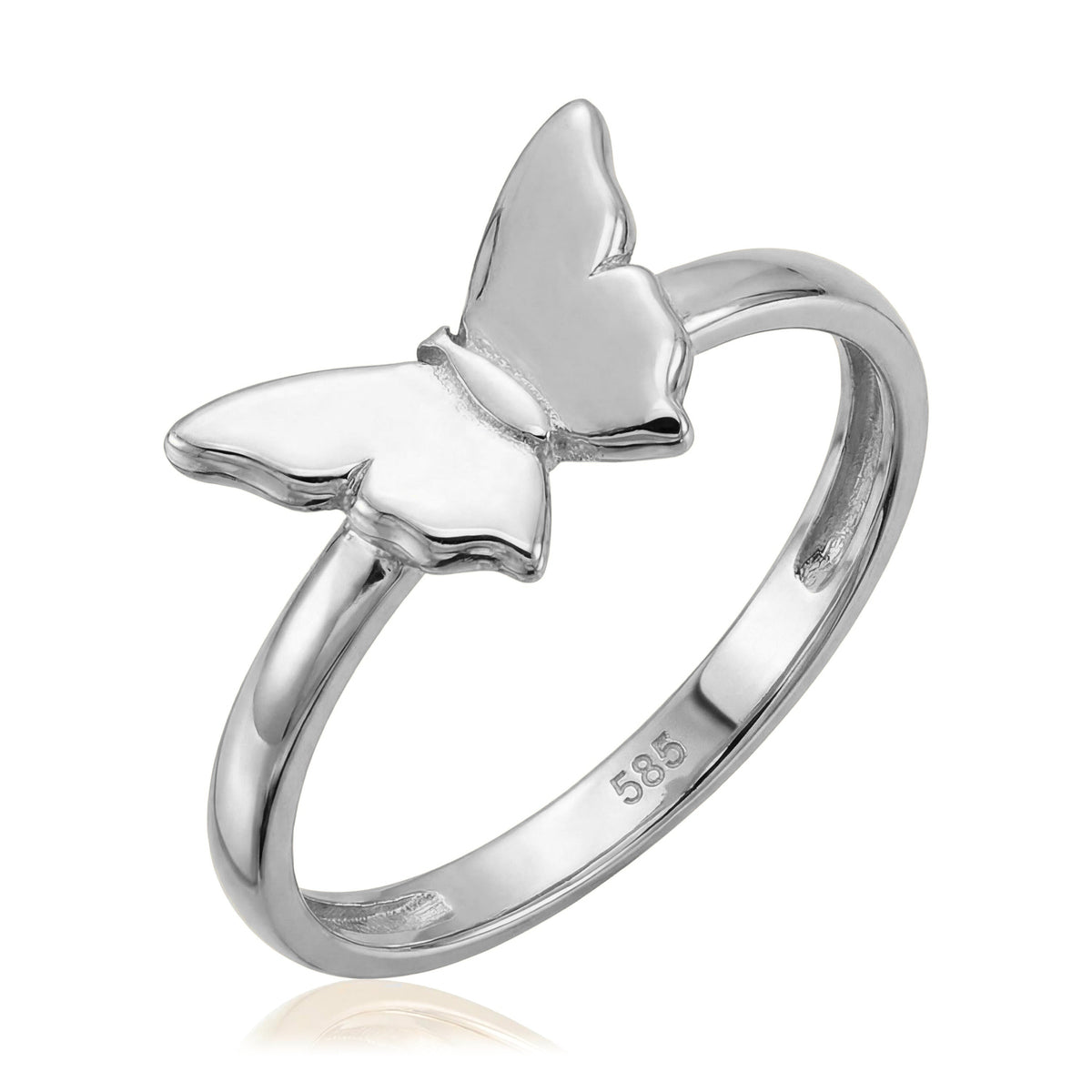 14K white gold butterfly ring, polished butterfly set on a slim rounded band, angled view on white