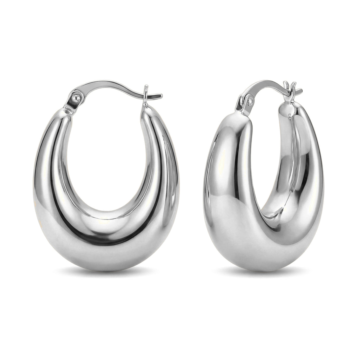 14K white gold chunky dome hoop earrings, pair shown front and side with latch closure on white