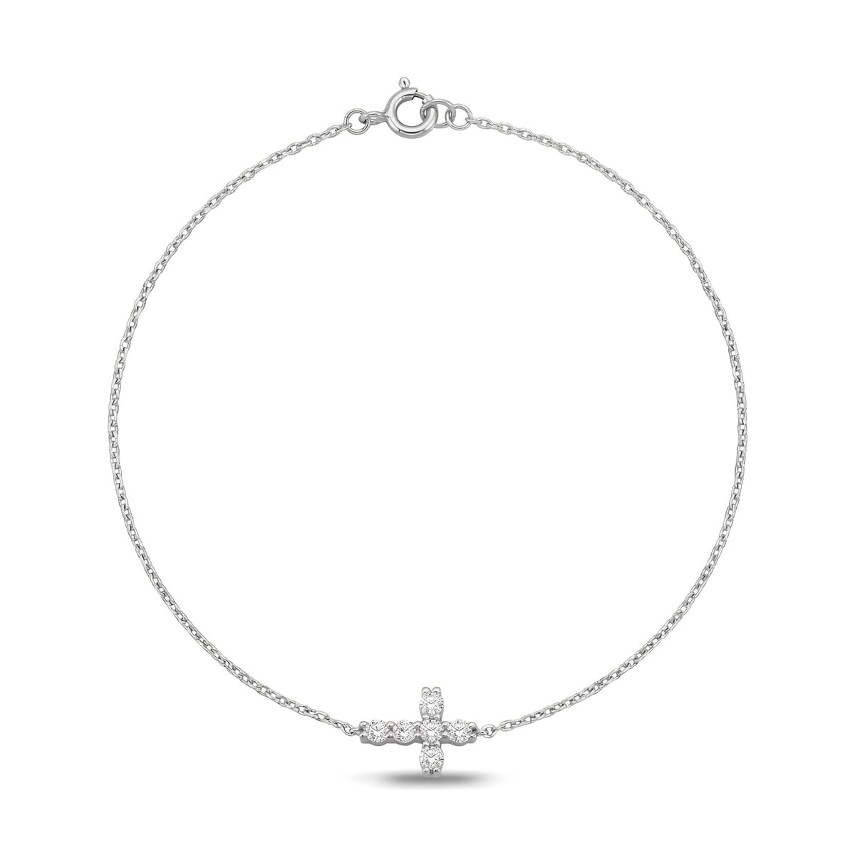 14K white gold cross bracelet, fine cable chain with a small clear stone cross and spring ring clasp
