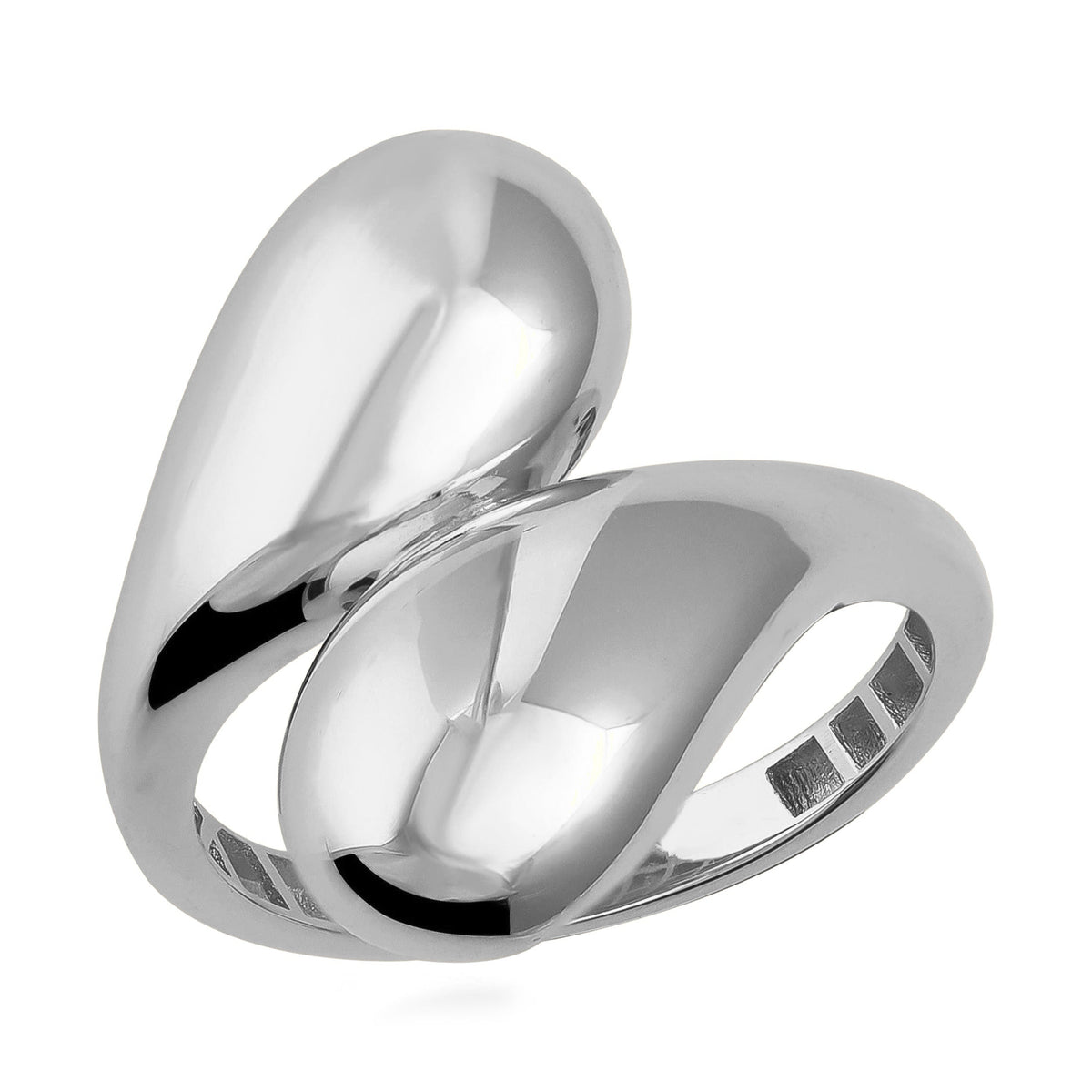 14K white gold double teardrop bypass ring, two polished domed teardrops wrapping past each other