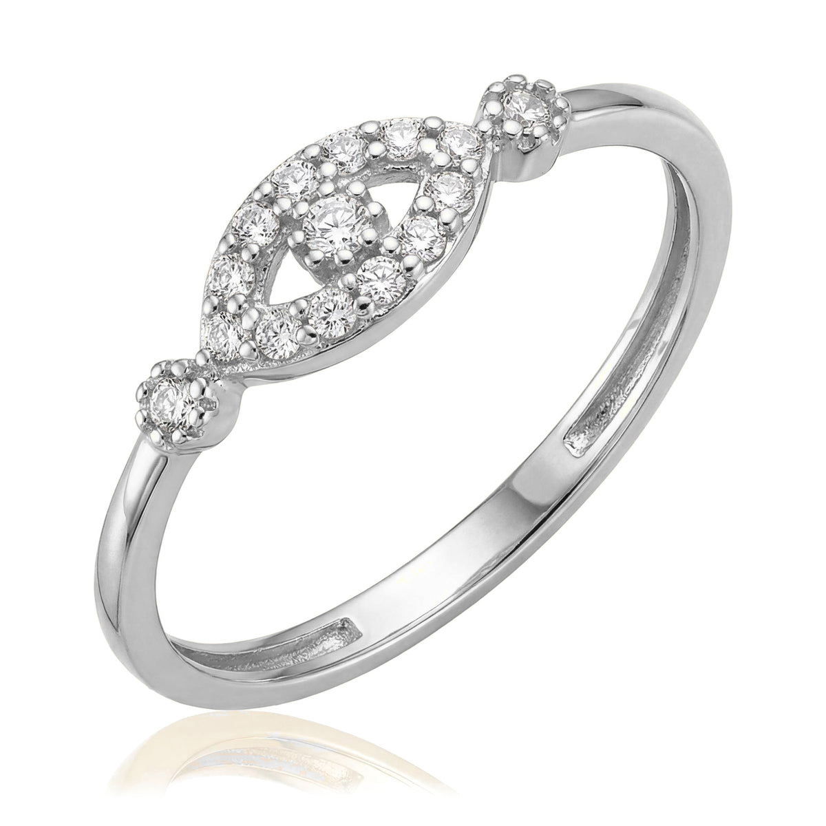 14K white gold evil eye ring, open eye outlined in CZ with a round centre stone on a thin band