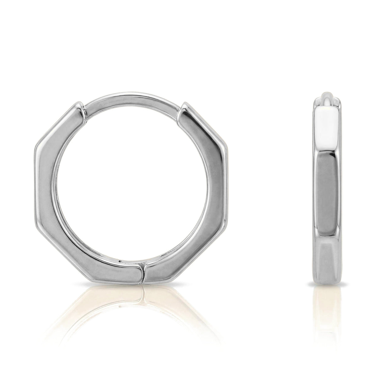 14K white gold hexagon huggie hoop earrings, one front view and one turned to show the hinged inside