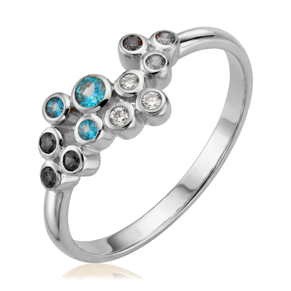 14K white gold multi stone ring, cluster of blue, brown, orange and clear cubic zirconia in bezels