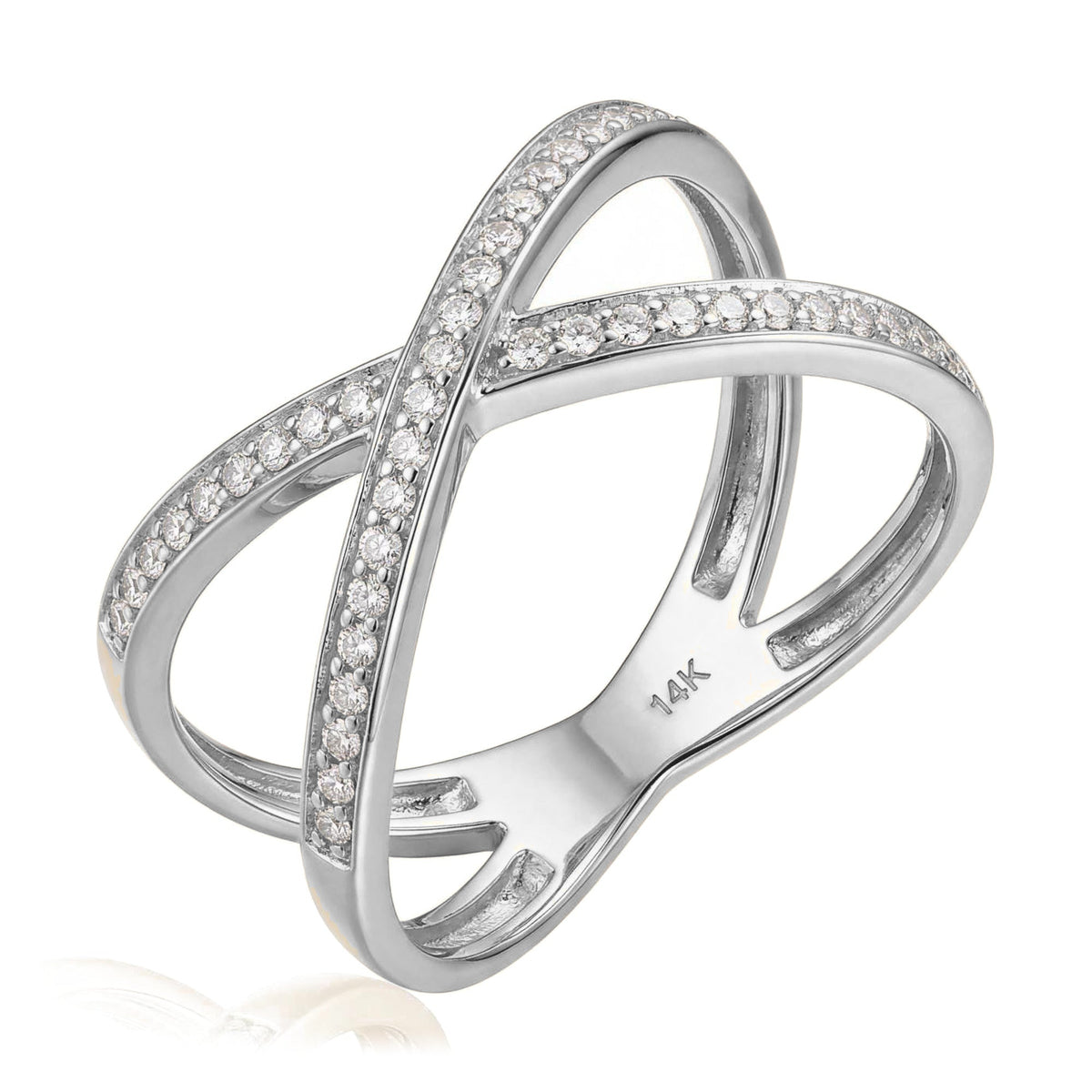 14K white gold crossover ring, two pavé bands of clear stones crossing in an X, angled view