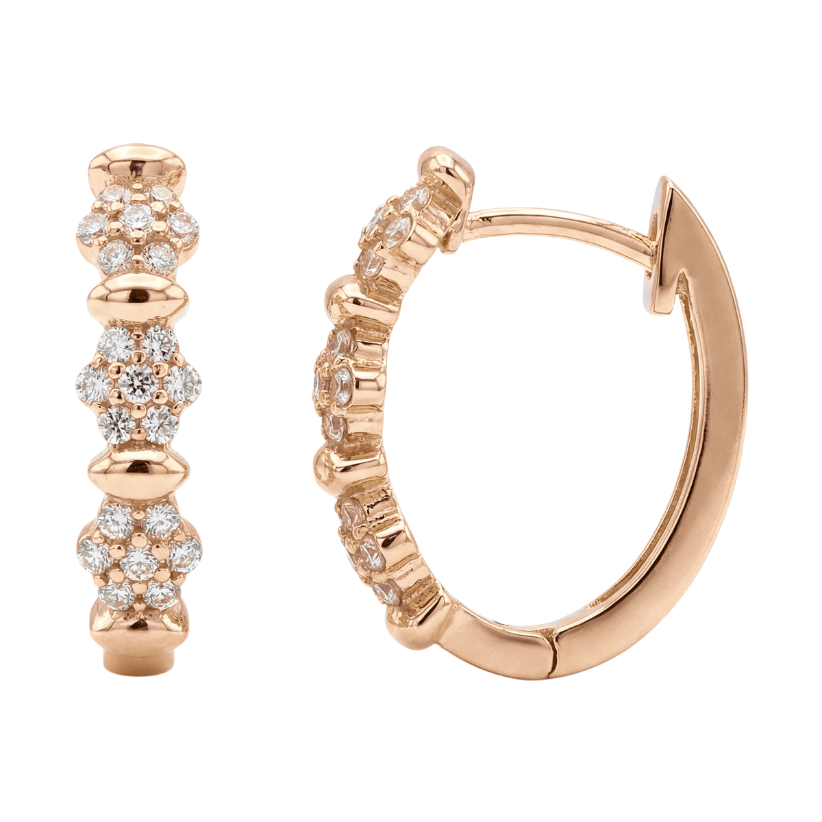 14K rose gold pavé huggie hoop earrings, clear stone flower clusters, front and side with reflection