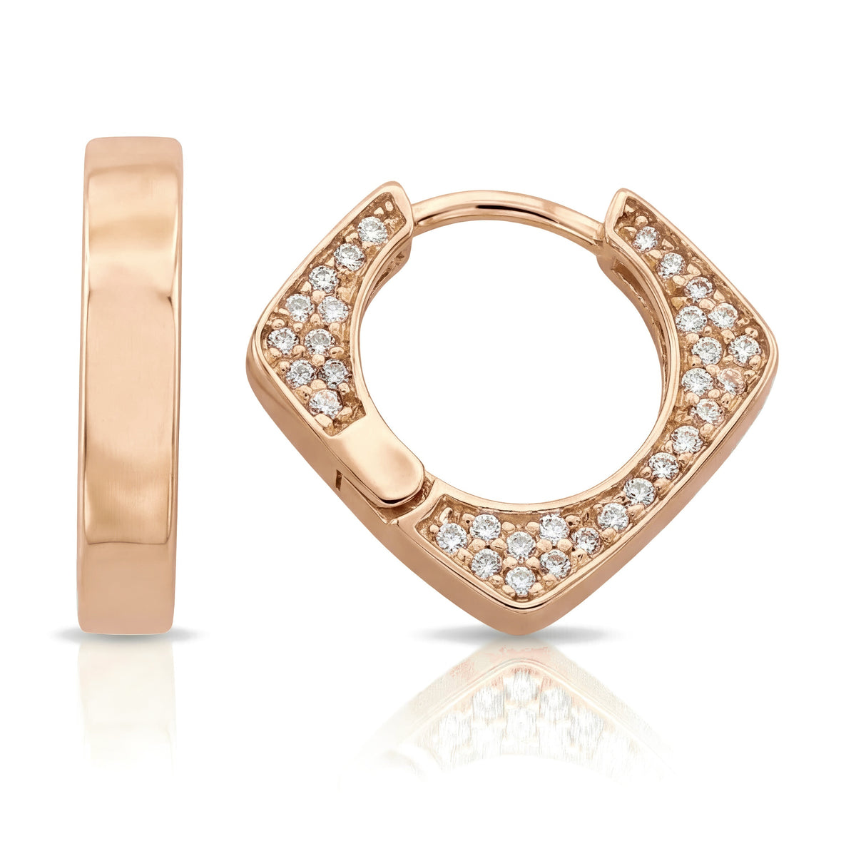 14K rose gold square huggie earrings, polished edge view beside the clear stone pavé face, larger crop