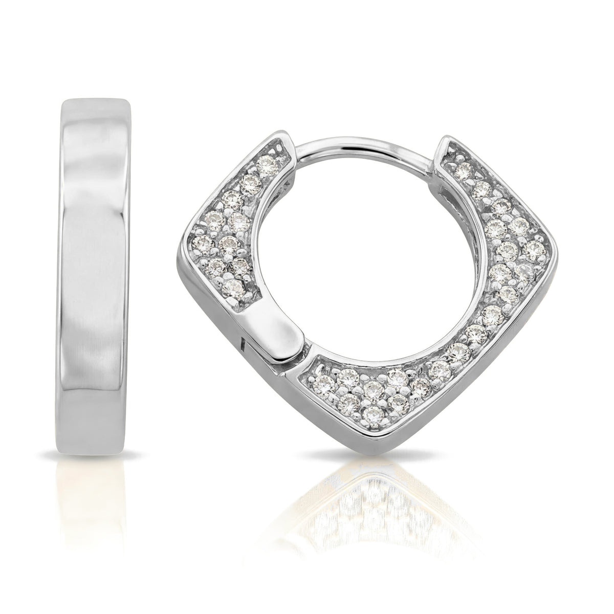 14K white gold square huggie earrings, polished edge view beside the clear stone pavé face and hinge