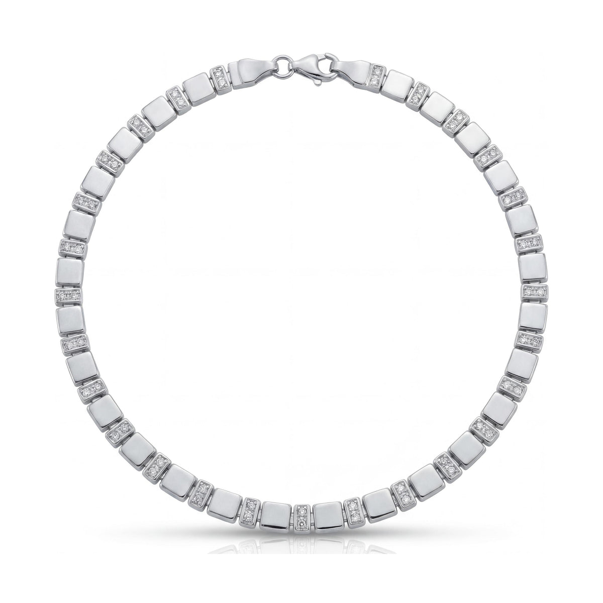 14K white gold tennis bracelet, polished square links alternating with CZ bars, lobster clasp