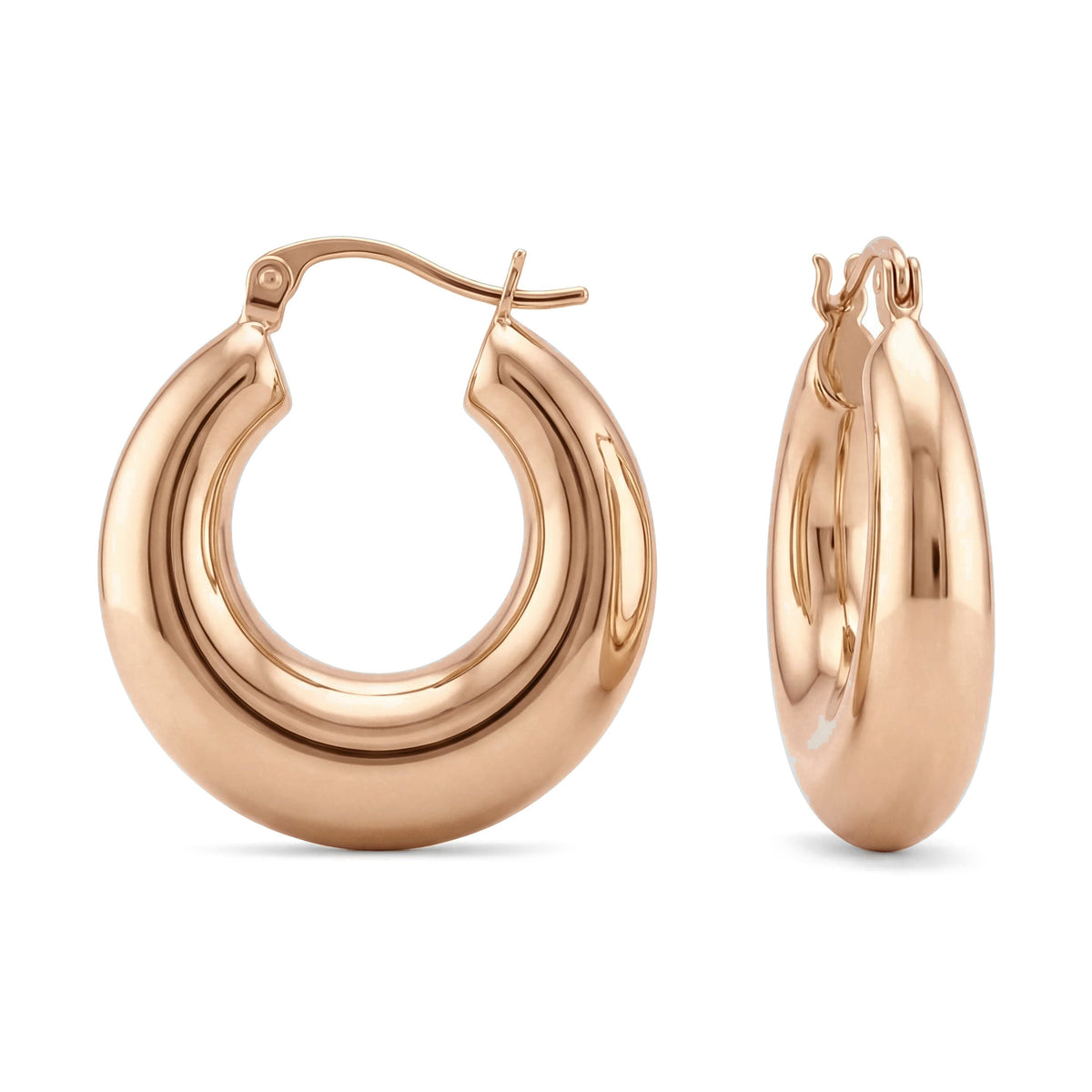 14K rose gold thick huggie hoop earrings, chunky tube hoops shown front and side with latch back