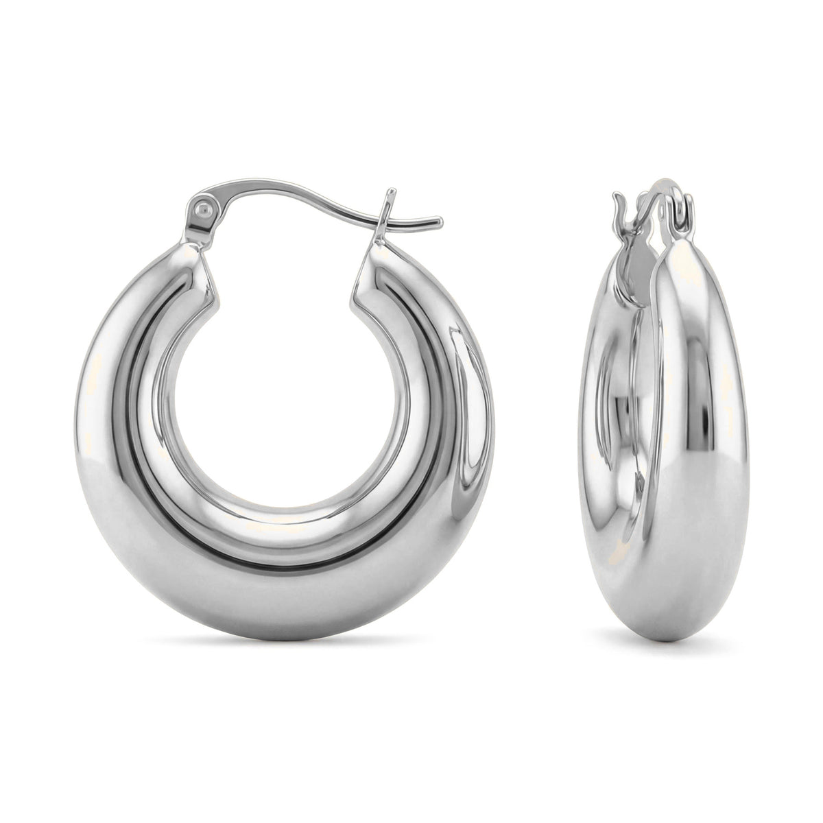 14K white gold thick huggie hoop earrings, chunky tube hoops shown front and side with latch back