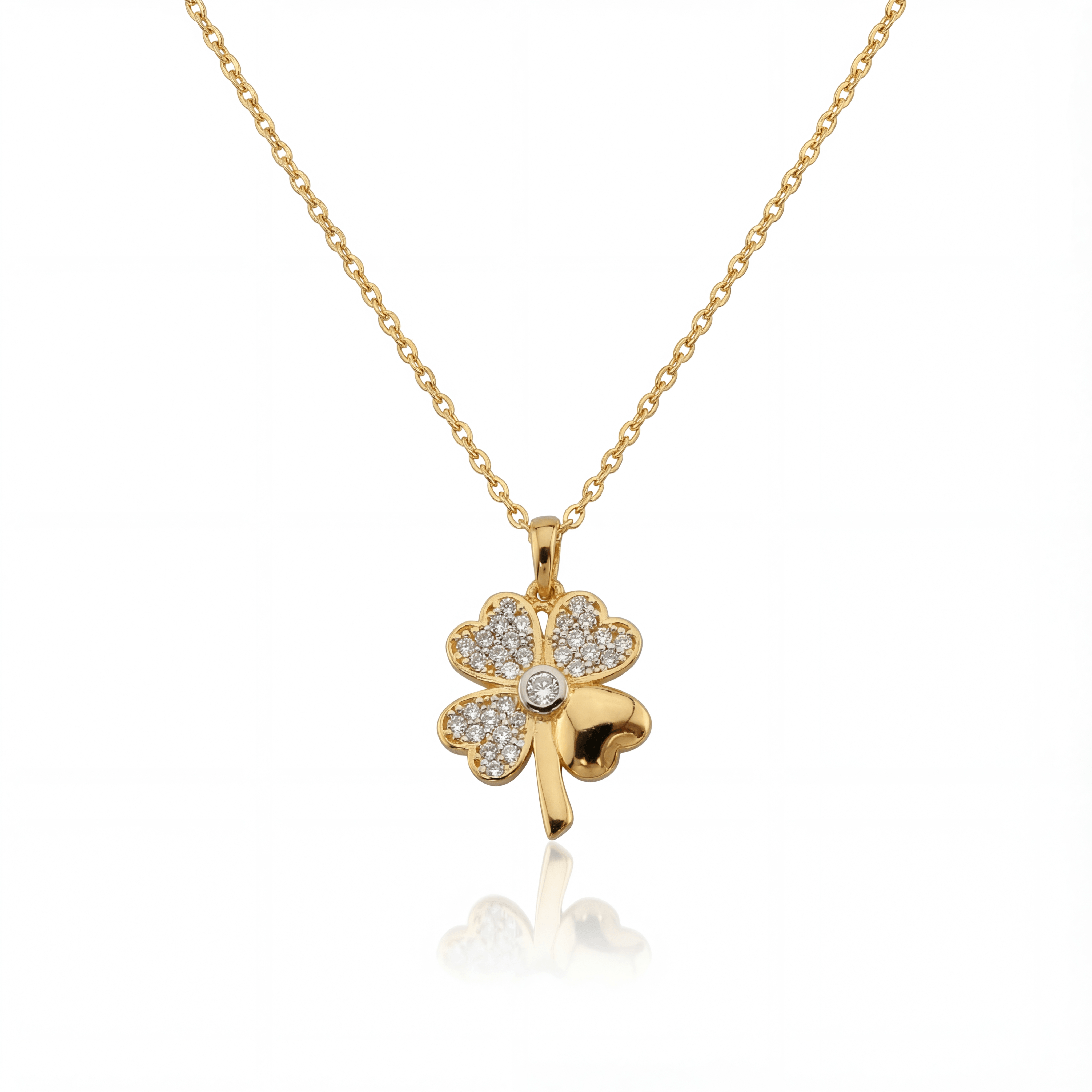 14K solid gold four leaf clover pendant necklace in yellow gold