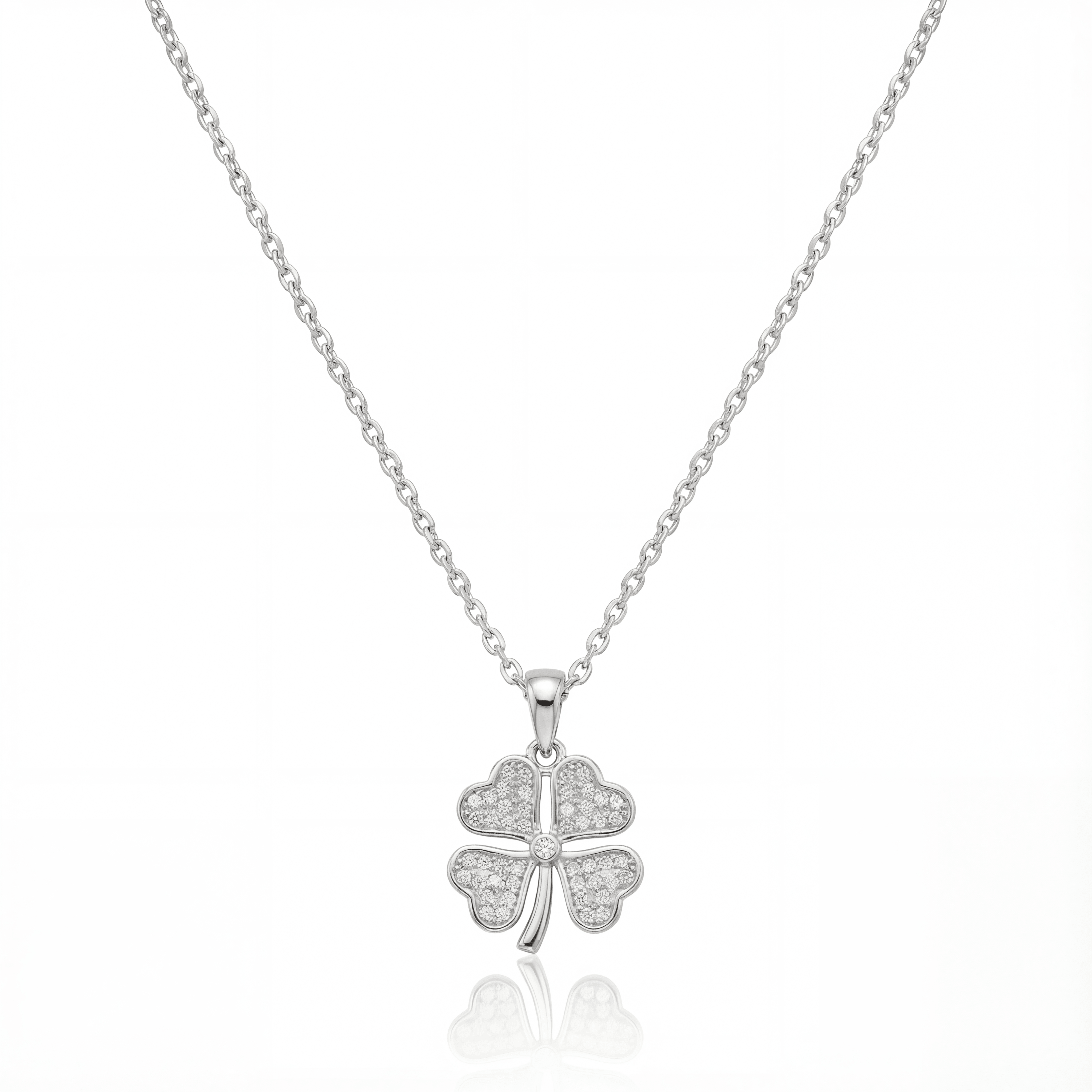 14K solid gold CZ clover necklace in white gold