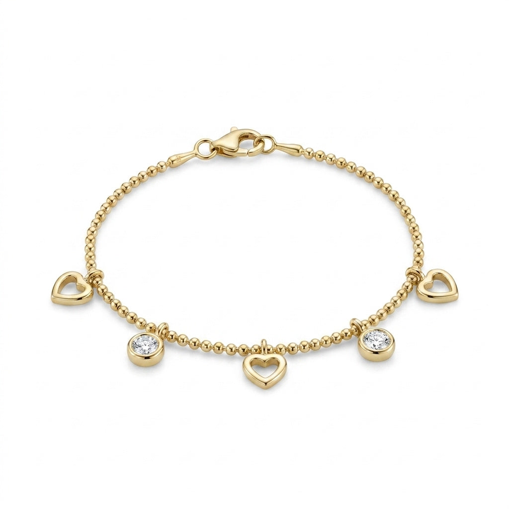 14K Gold Plated 925 Sterling Silver Heart Charm Bracelet