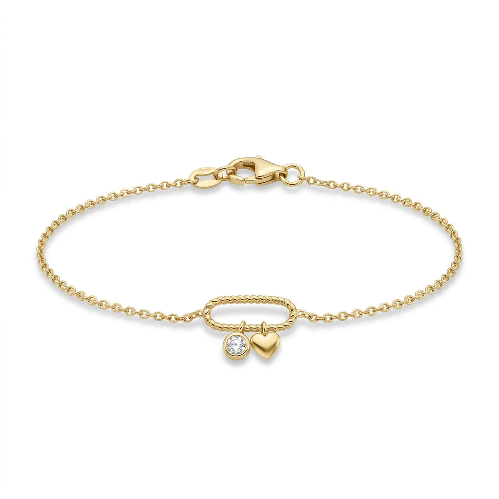 14K Gold Plated 925 Sterling Silver Heart & Stone Bracelet
