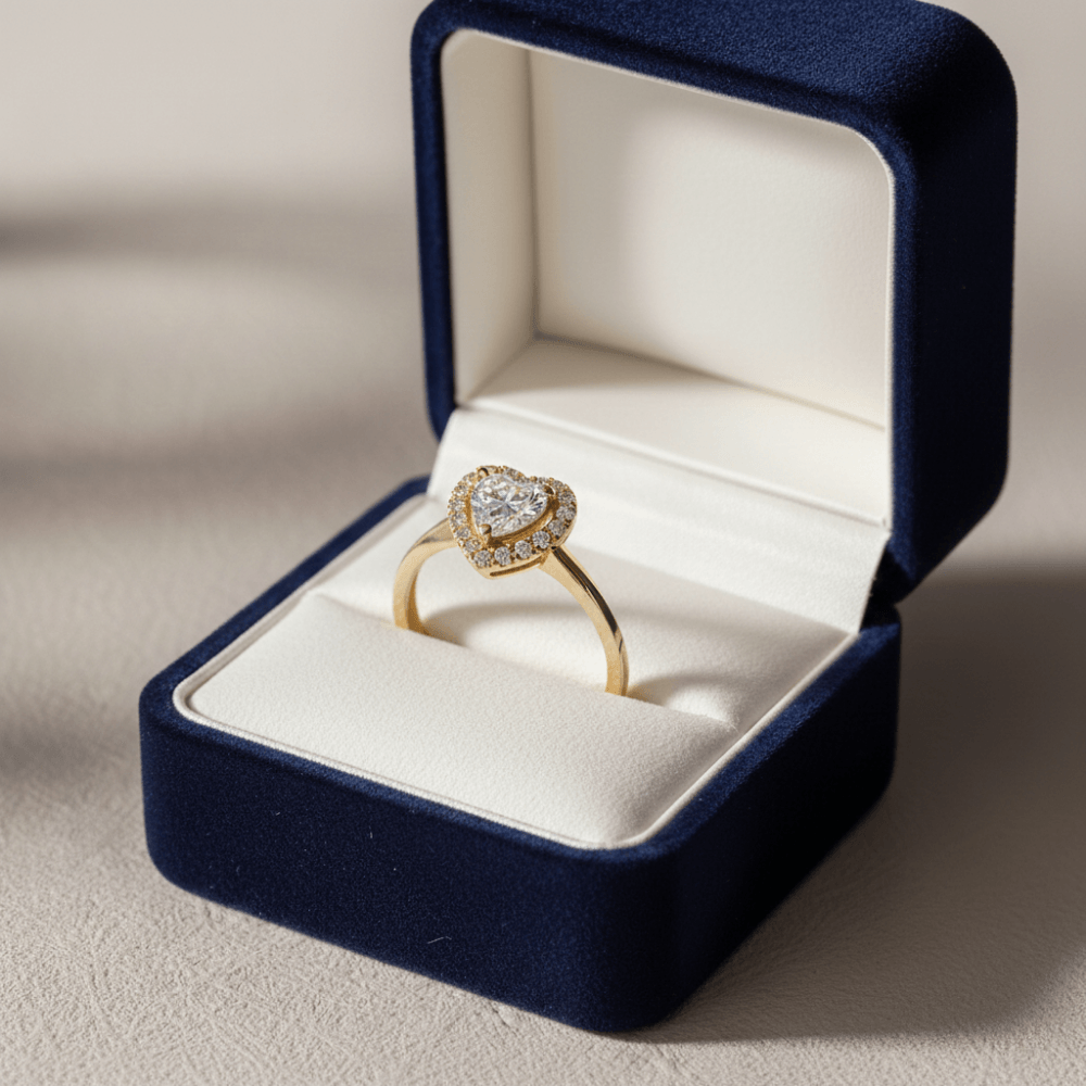 Gold heart-shaped diamond ring with halo setting in a navy blue jewelry box