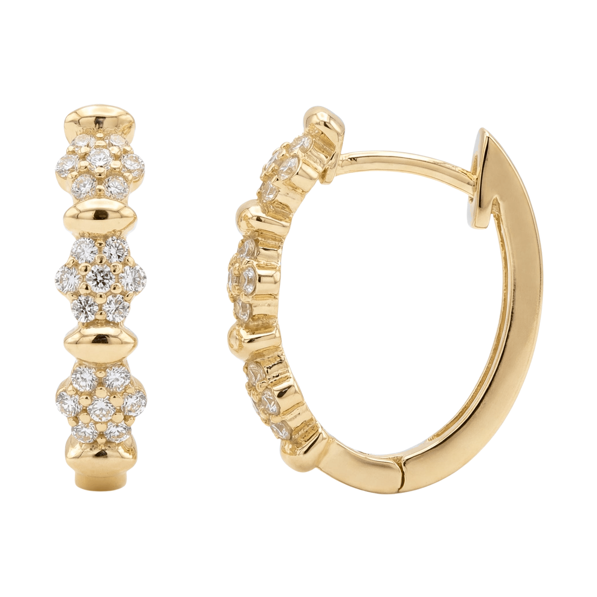 14K yellow gold pavé huggie hoop earrings, clear stone flower clusters, shown front and side on white