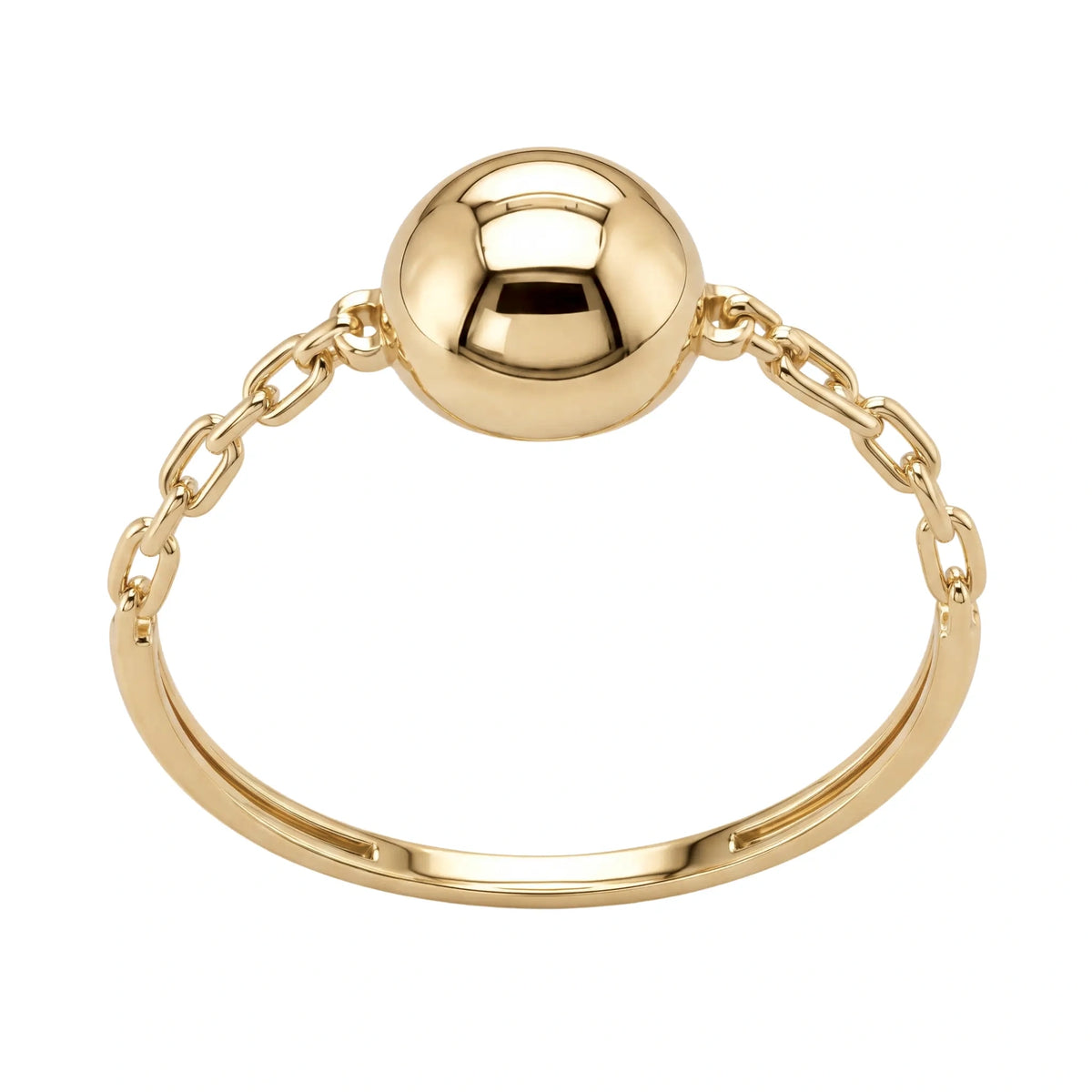 14K yellow gold ball ring, polished sphere held by chain links on a slim band, front view on white