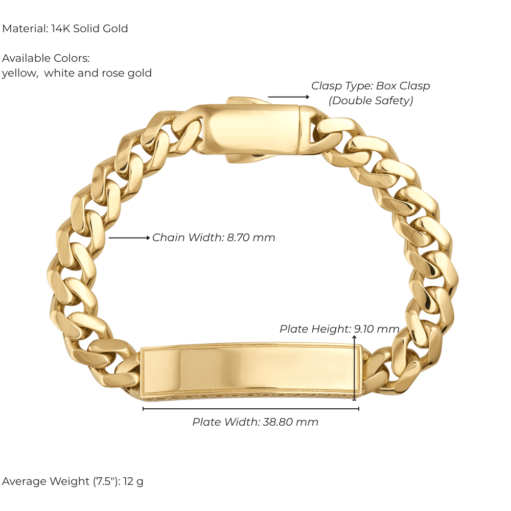 14K solid gold bracelet with box clasp, wide curb chain, and blank plate, yellow gold finish