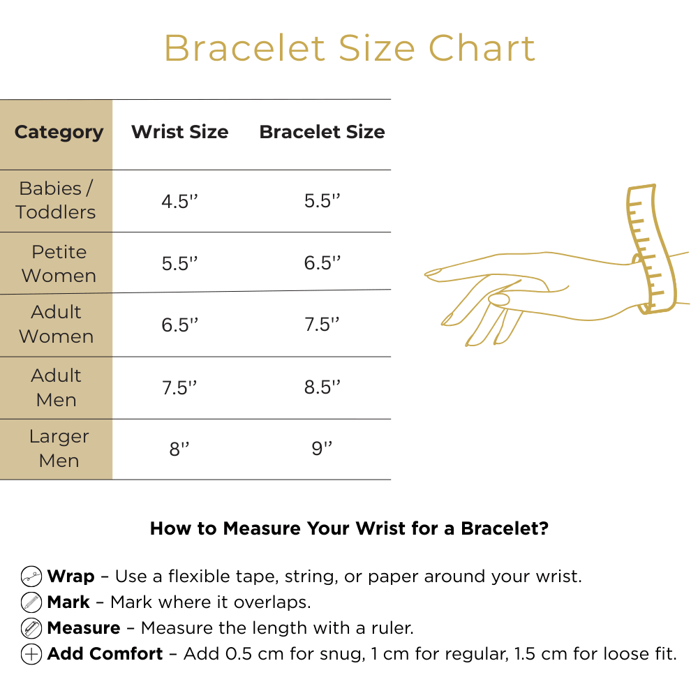 Bracelet size chart with wrist and bracelet measurements for babies, women, and men, plus measuring instructions.