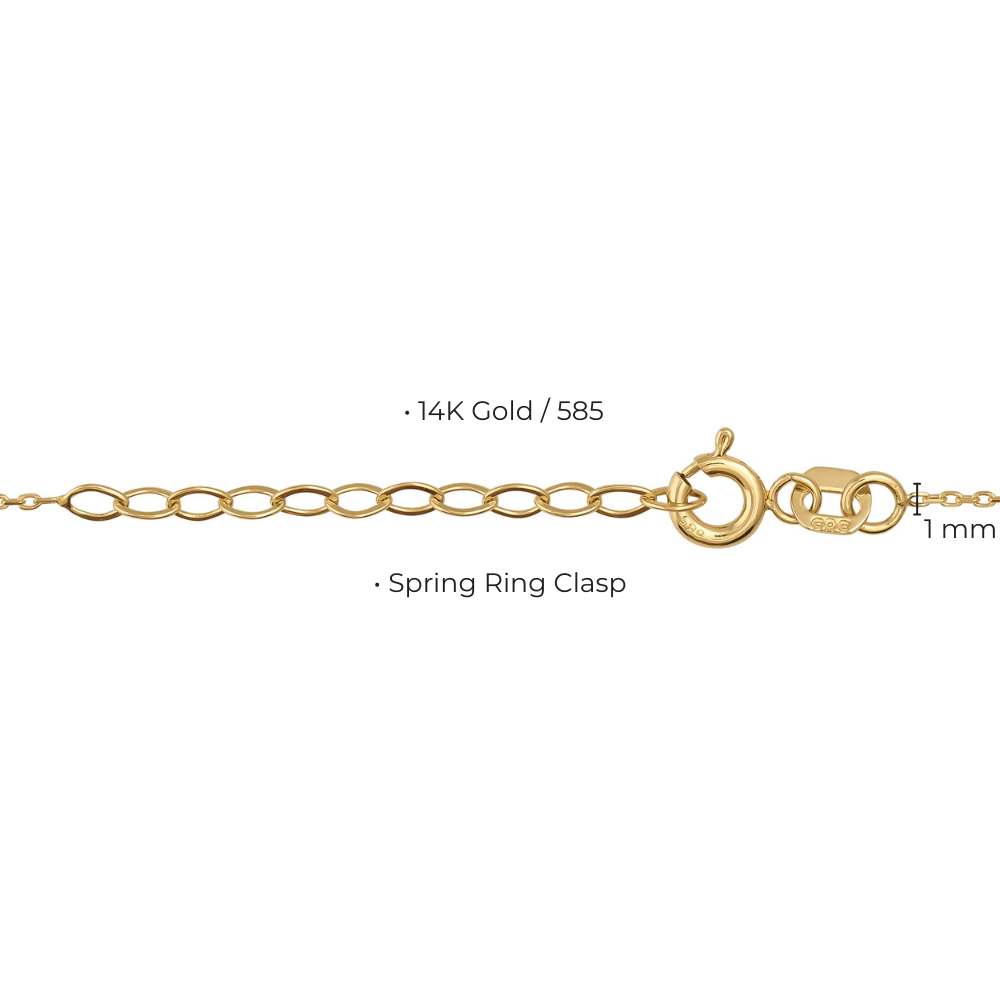 14K gold chain with spring ring clasp, 1mm width, oval links, jewelry detail view
