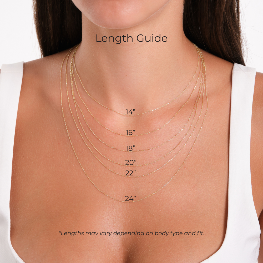 Gold necklace length guide on a person's neck with measurements in inches.