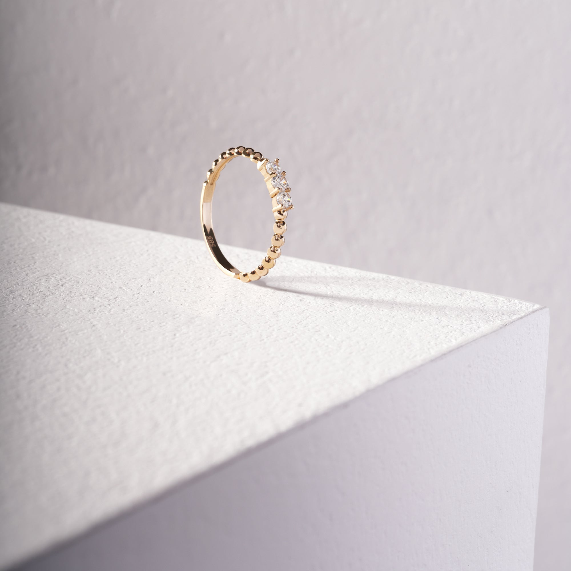 14K Gold Trio Stone Ring – Sparkling Round Zirconia, Beaded Detail, Elegant Band