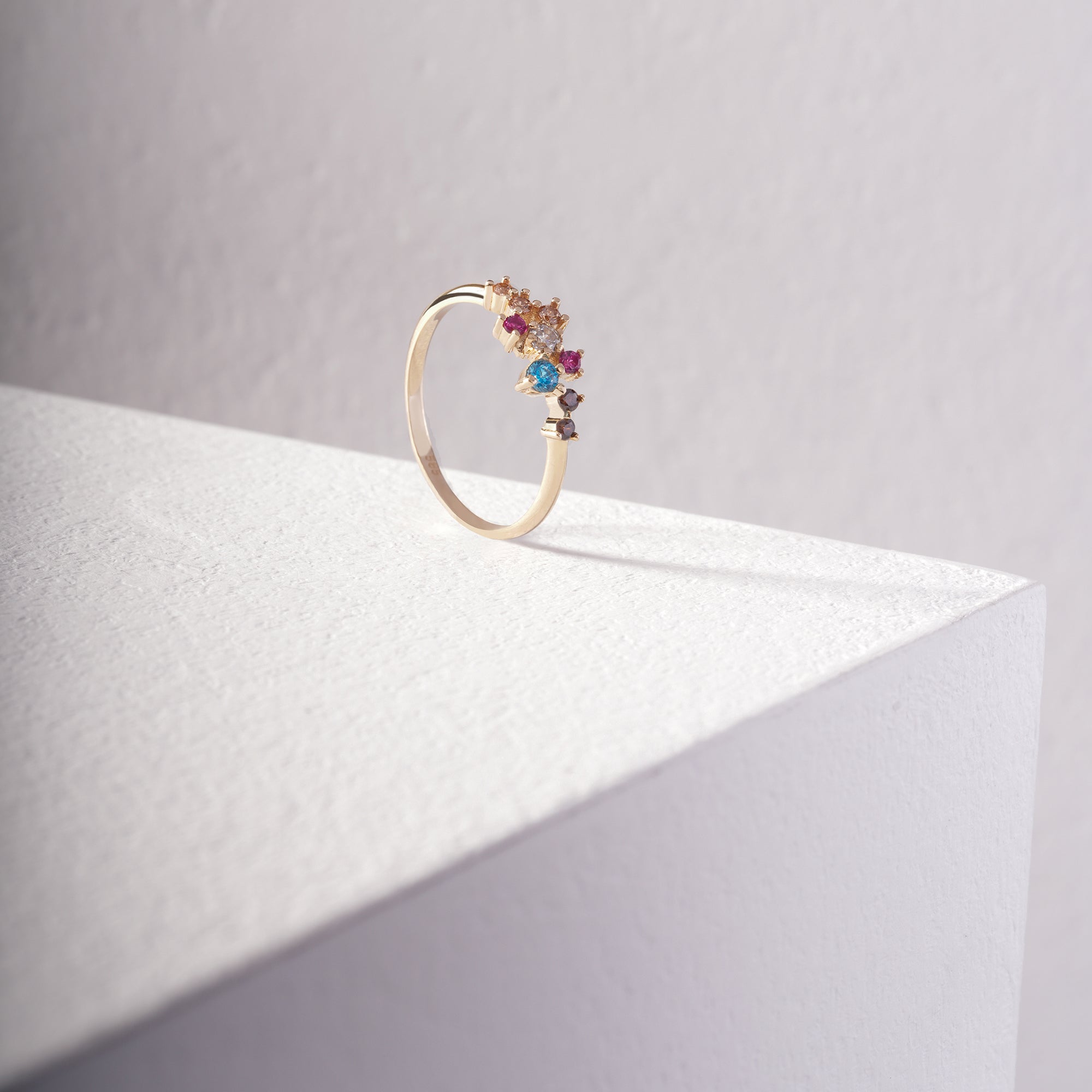 14K Solid Gold Colorful Birthstone-Inspired Ring – Round Multi-Stone Delicate Design, Stackable Fine Jewelry Gift for Her, Minimalist Elegant Band