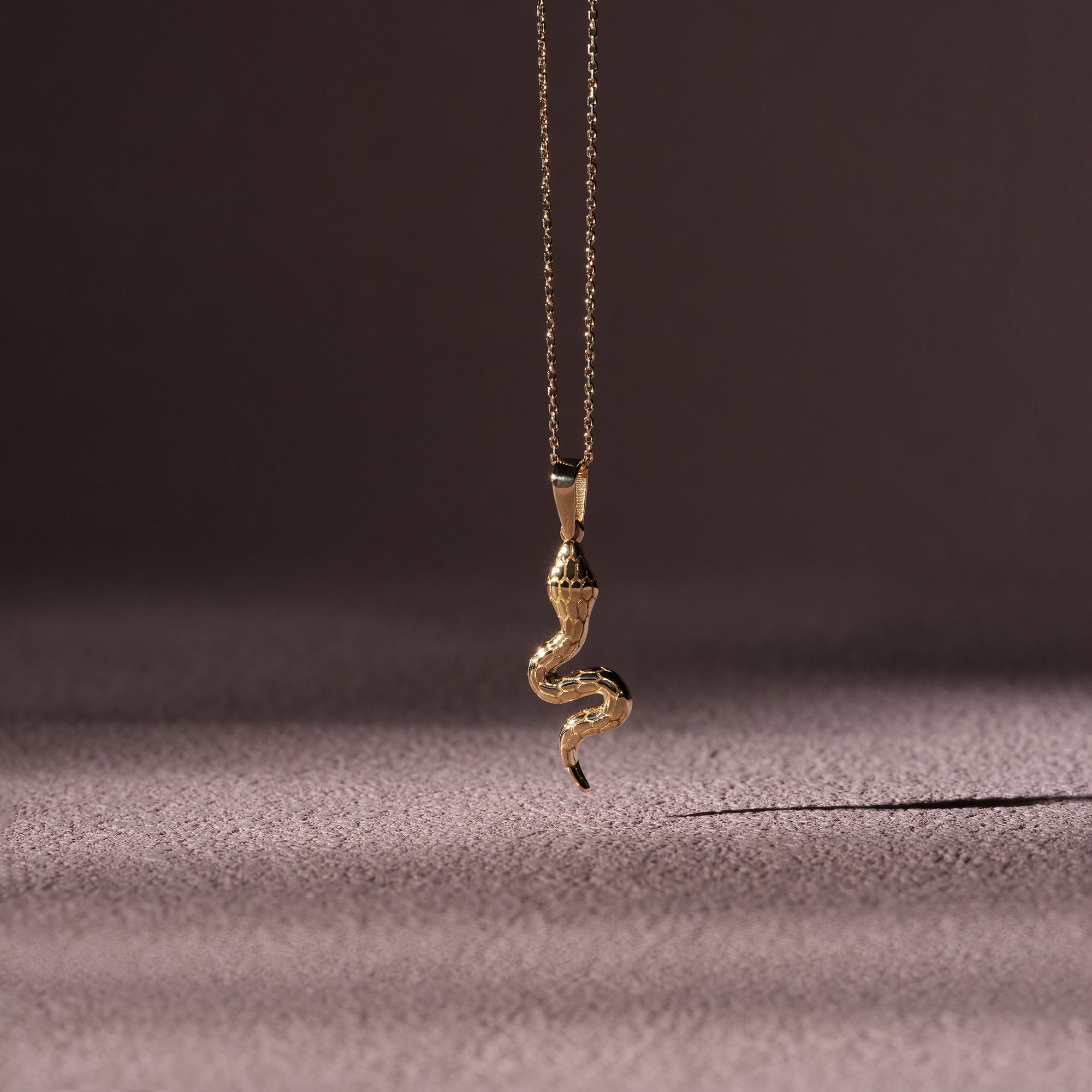 Gold snake-shaped pendant on a chain against a dark background