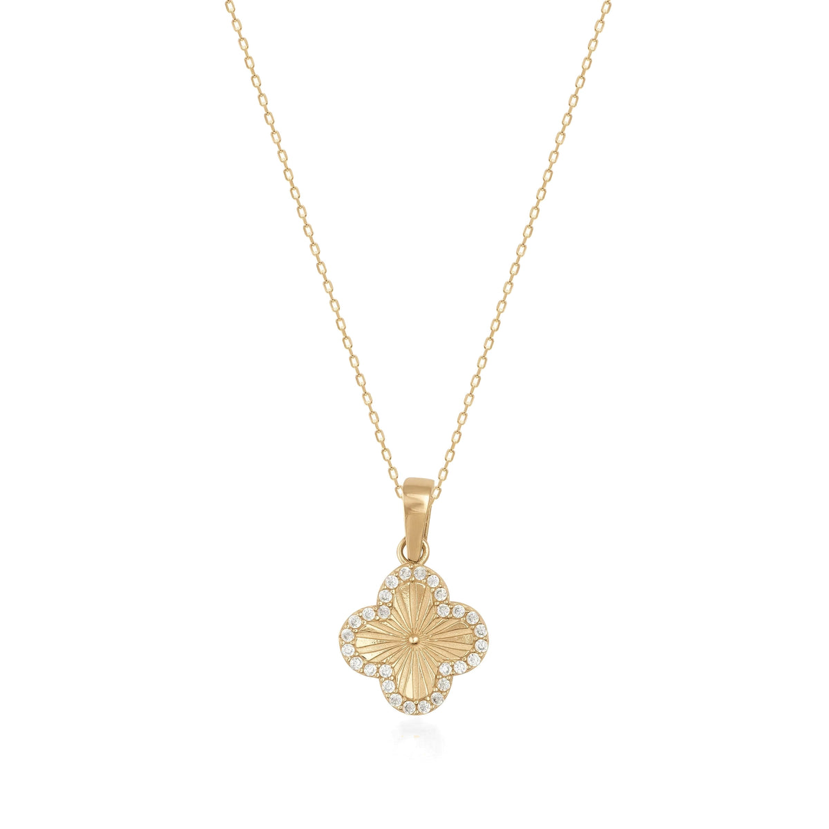 14K gold clover-shaped pendant necklace with cubic zirconia accents on a delicate gold chain